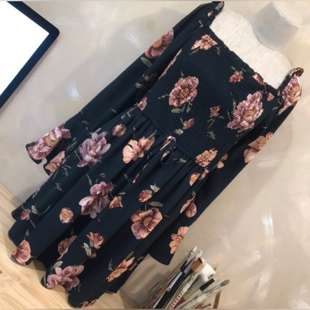 Navy blue floral dress.